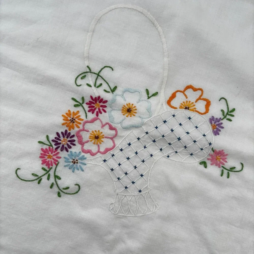 Embroidered Quilted Vintage Square Tablecloth 32x34 Heirloom Cottage